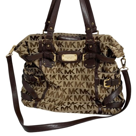 Michael Kors Gansevoort Buckle Shoulder Handbag Signature Logo Canvas Leather - Picture 1 of 12